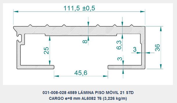 LÁMINA GRUPO 1 PISO MÓVIL ALITE-CARGO 21 + CUÑA AL + JUNQUILLO, d.e.e=112 mm, e=8 mm, L=13.215 mm, Pp=42,7 kg (PERFIL AL 031-008-028 L=13.175 mm)