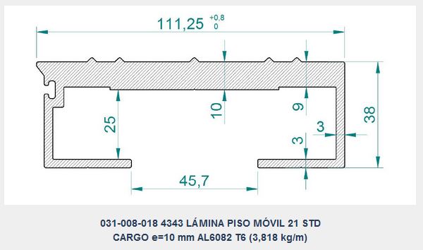  LÁMINA GRUPO 2 PISO MÓVIL ALITE-CARGO 21 + CUÑA AL + JUNQUILLO, d.e.e=112 mm, e=10 mm, L=13.215 mm, Pp=50,6 kg (PERFIL AL 031-008-018 L=13.175 mm) 