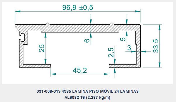 LÁMINA GRUPO 1 PISO MÓVIL ALITE 24 + CUÑA AL + JUNQUILLO, d.e.e=97 mm, e=6 mm, L=13.215 mm, Pp=30,4 kg (PERFIL AL 031-008-019 L=13.175 mm)