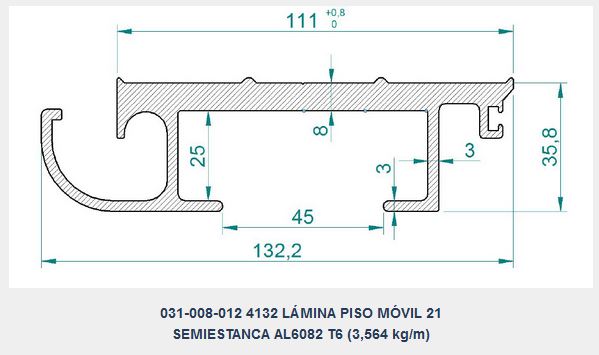 LÁMINA GRUPO 2 PISO MÓVIL ALITE 21 SEMI LP + CUÑA AL + JUNQUILLO, d.e.e=112 mm, e=8 mm, L=13.215 mm, Pp=47,2 kg (PERFIL AL 031-008-012 L=13.175 mm)