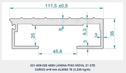 [029-022-002-20] LÁMINA GRUPO 1 PISO MÓVIL ALITE-CARGO 21 + CUÑA AL + JUNQUILLO, d.e.e=112 mm, e=8 mm, L=13.215 mm, Pp=42,7 kg (PERFIL AL 031-008-028 L=13.175 mm)